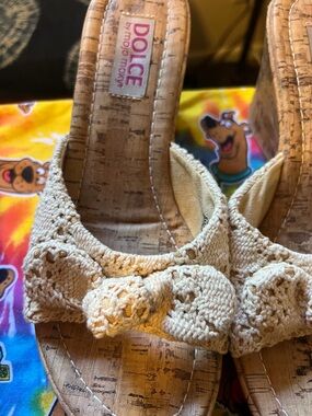 Mojo Moxy Beige Crochet Wedge Sandals with Bow Accent